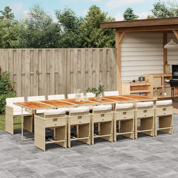 Градински комплект с възглавници, 13 части, бежов полиратан