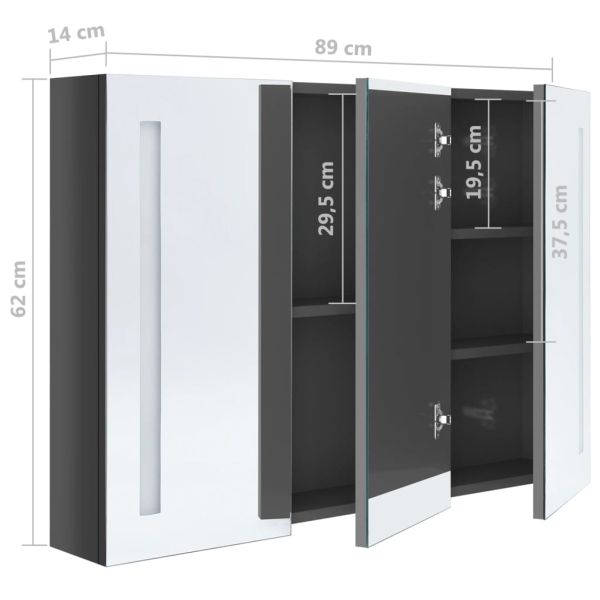 LED шкаф с огледало за баня, 89x14x62 см, блестящо сив