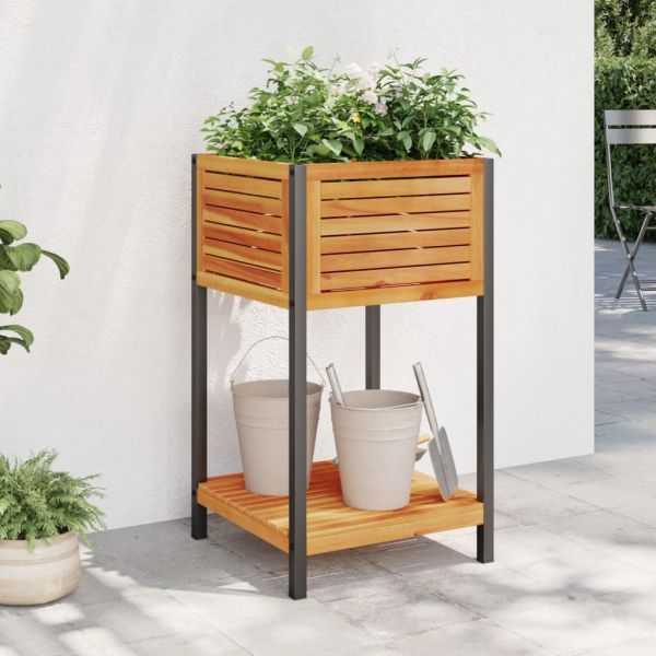 Градинска кашпа с рафт 45x45x80 см масивна акация и стомана