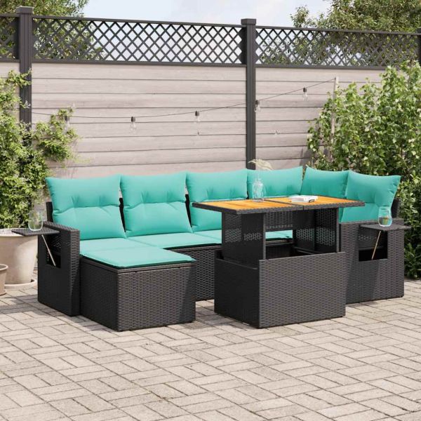 Градински комплект диван с възглавници 7 части черен полиратан