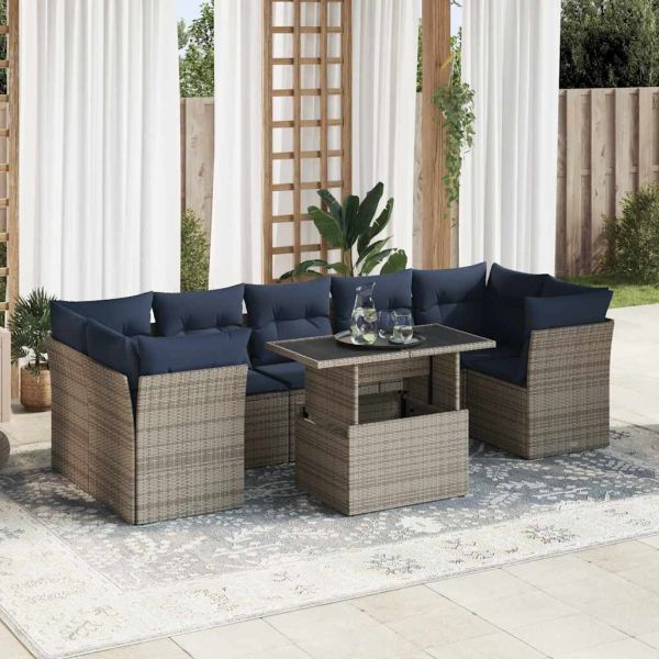 Градински диван с възглавници, 8 части, сив полиратан, акация