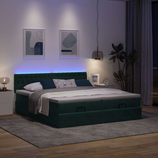Османска легло с матраци и LED, тъмнозелено, 160x200 см, кадифе