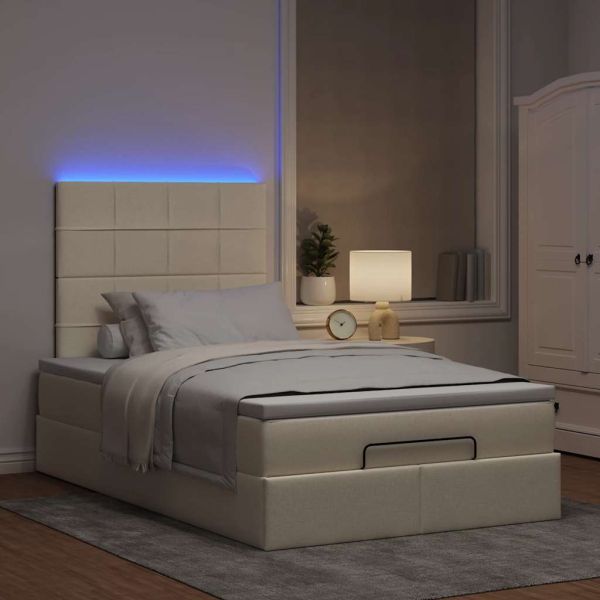 Османска легло с матрак и LED, кремаво, 120x190 см, плат
