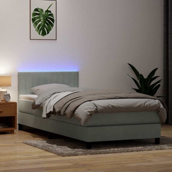 Боксспринг легло с матрак и LED, светлосиво, 80x210 см, кадифе