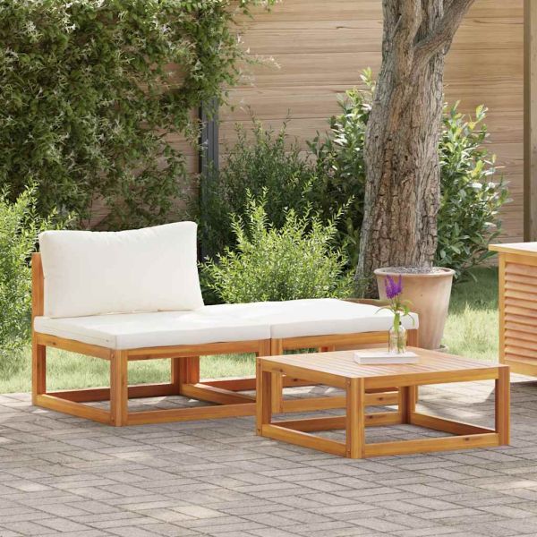 Градински комплект с кремави възглавници, 3 части, акация масив