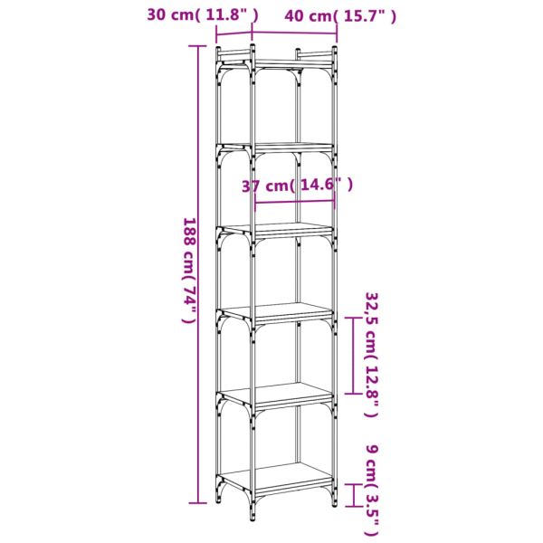 Библиотека 6 рафта кафяв дъб 40x30x188 см инженерно дърво