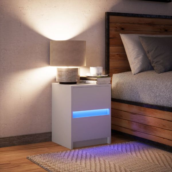 Нощно шкафче с LED осветление, бяло, инженерно дърво