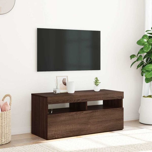 ТВ шкаф с LED осветление, кафяв дъб, 90x35x40 см