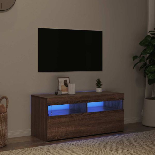 ТВ шкаф с LED осветление, кафяв дъб, 90x35x40 см