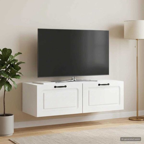 Стенно монтиран ТВ шкаф Бял гланц 98 x 41 x 30 см