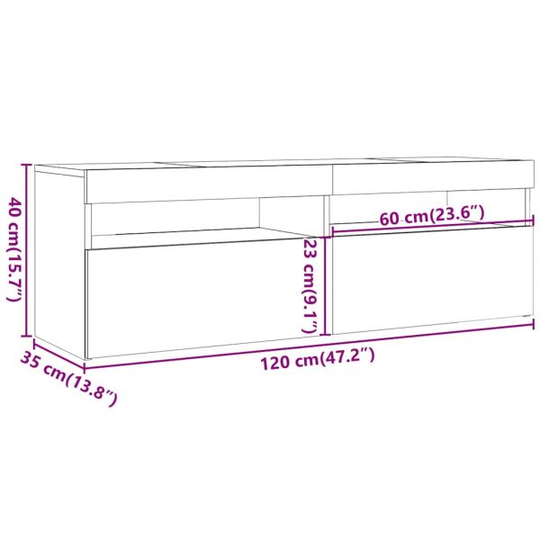 ТВ шкаф с LED осветление, опушен дъб, 120x35x40 см
