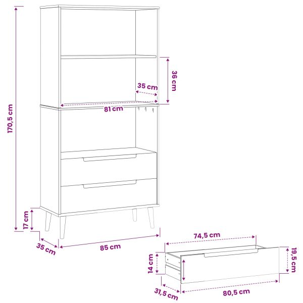 Библиотека MOLDE 85 x 35 x 170,5 см Масивна борова дървесина