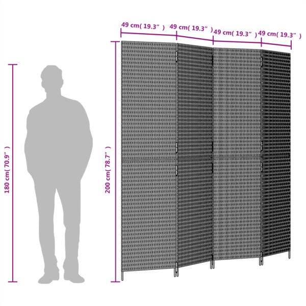 Параван за стая, 4 панела, черен, полиратан