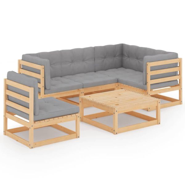 Градински лаундж комплект, 6 части, с възглавници, бор масив