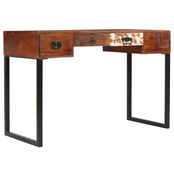 Бюро, акациево дърво масив и естествена кожа, 117x50x76 cм