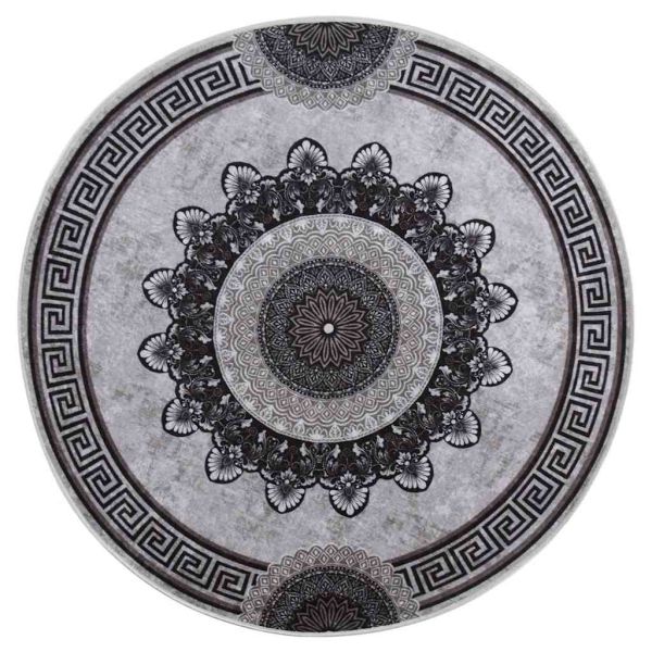 Килим, миещ се, φ120 см, черно и сиво, противоплъзгащ
