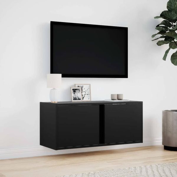Стенен ТВ шкаф с LED осветление, черен, 80x31x35 см