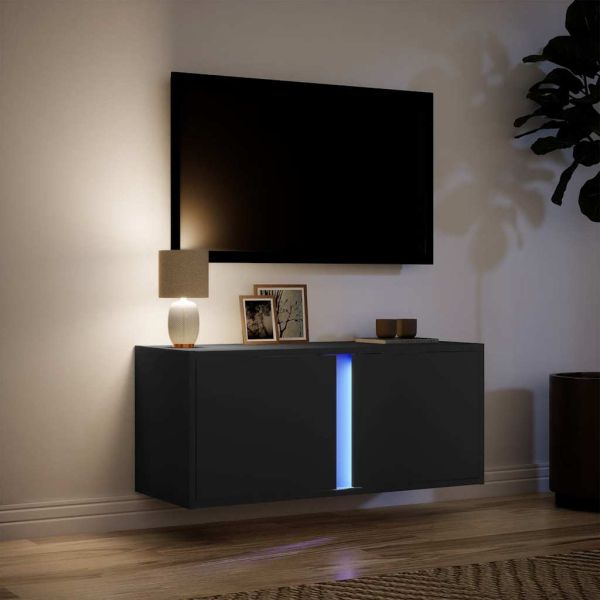 Стенен ТВ шкаф с LED осветление, черен, 80x31x35 см