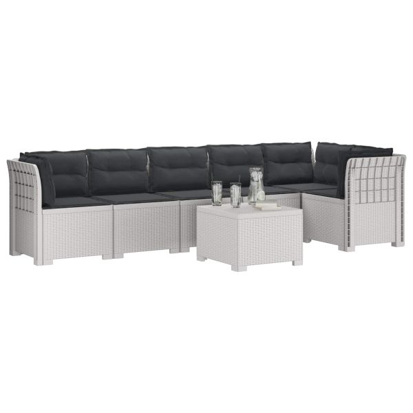 Диван за градина 6-местен с възглавници с ратанов вид ПП Бяло