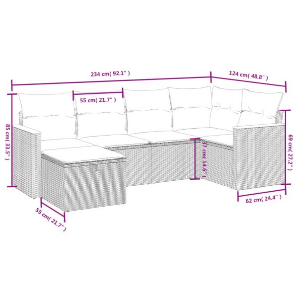 Градински диван с възглавници, 6 части, бежов полиратан
