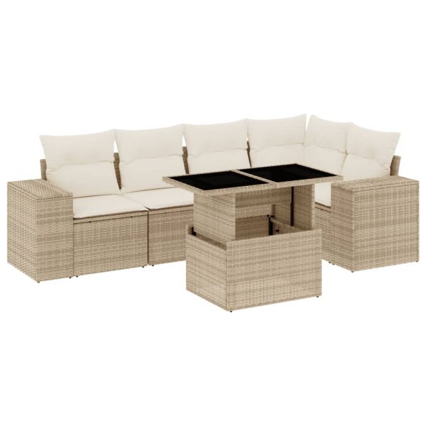 Градински диван с възглавници, 6 части, бежов полиратан