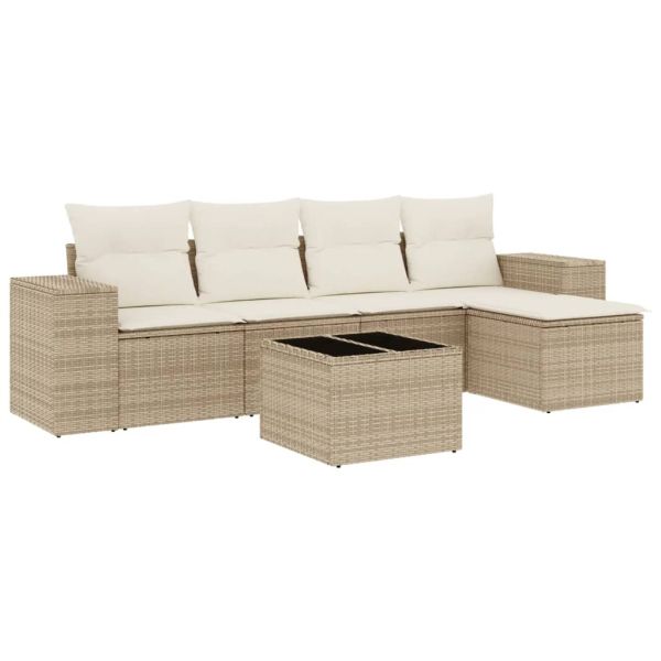 Градински диван с възглавници, 6 части, бежов полиратан