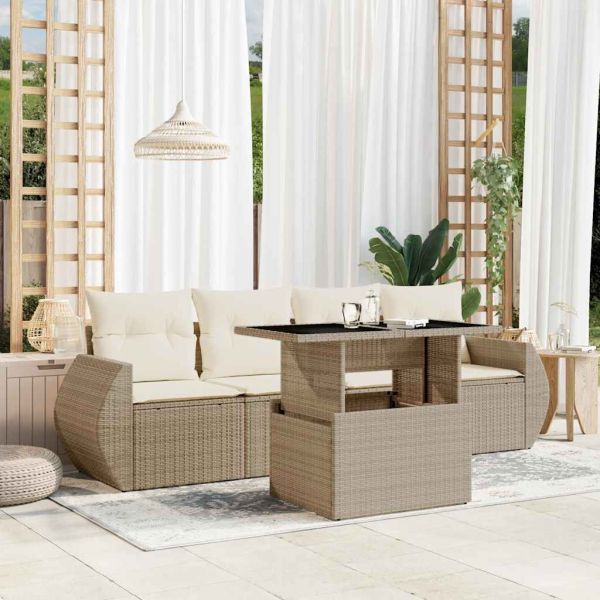 Градински комплект диван с възглавници 5 части бежов полиратан
