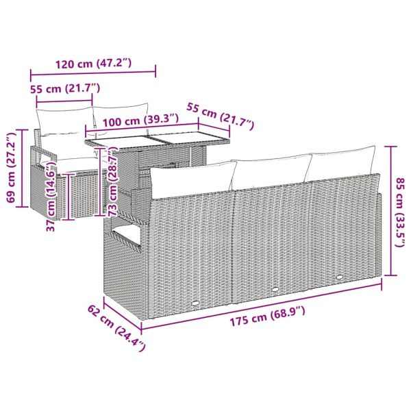 Градински Софа Комплект 6 бр. 5-Брой места Черно полиратан
