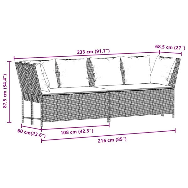 Градински диван с възглавници, черен полиратан