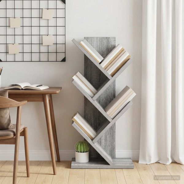 Дървен рафт за книги с 4 нива 30 x 18 x 60 см Сив Сонома