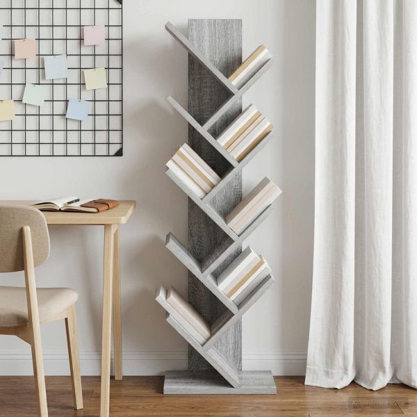 Дървена книжна градина 6-етажна 30 x 18 x 100 см Сив Сонома