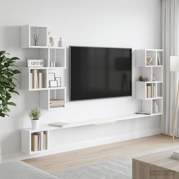 Стенно монтирано телевизионно рафтче Бяло 200 x 15 x 94 см