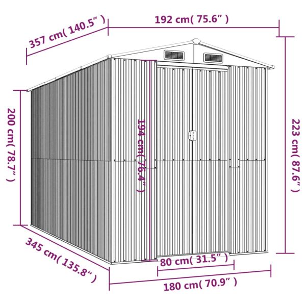Градинска барака светлосива 192x357x223 см поцинкована стомана