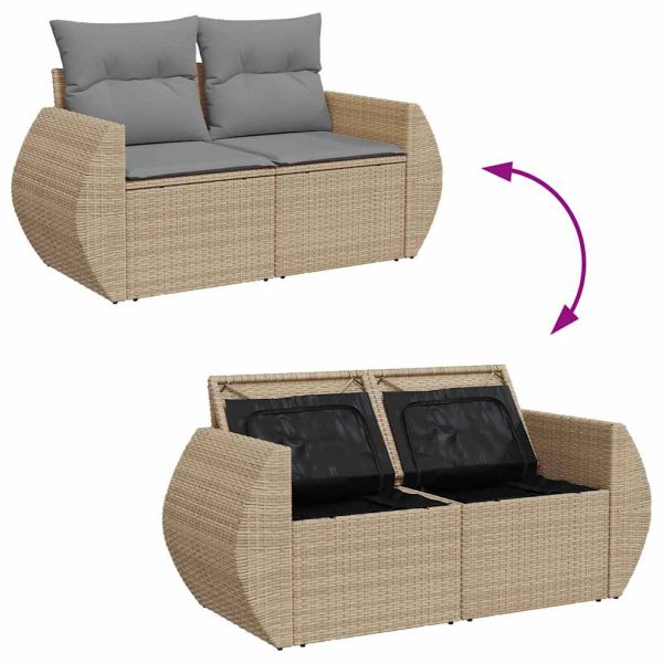 Градински диван с възглавници, 8 части, бежов полиратан