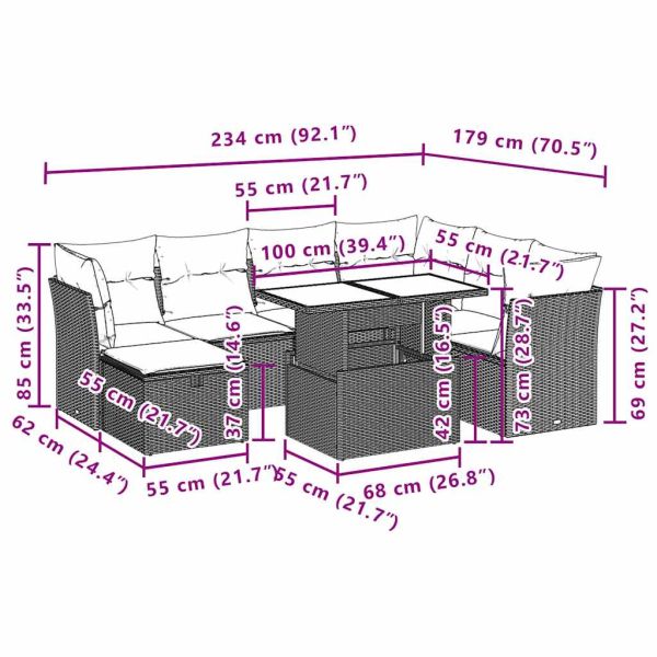Градински комплект с възглавници, 8 части, светлосив полиратан
