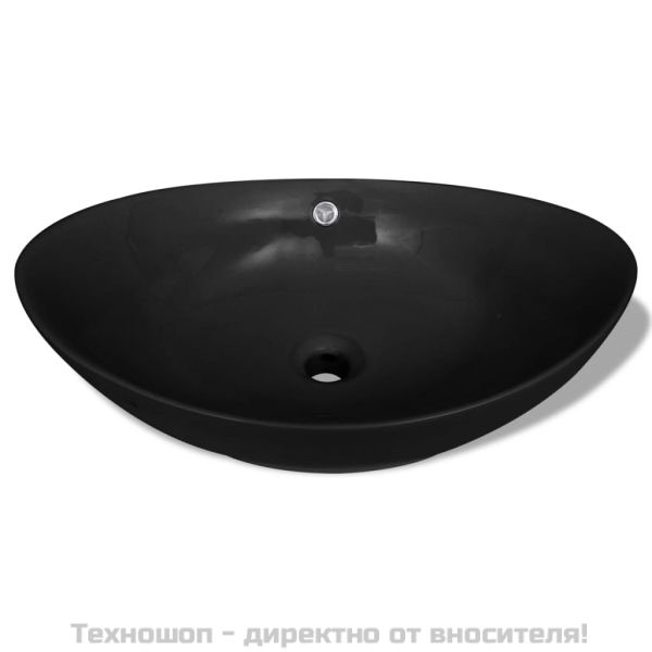 Луксозна керамична мивка с преливник, овална, черна, 59 x 38,5 см