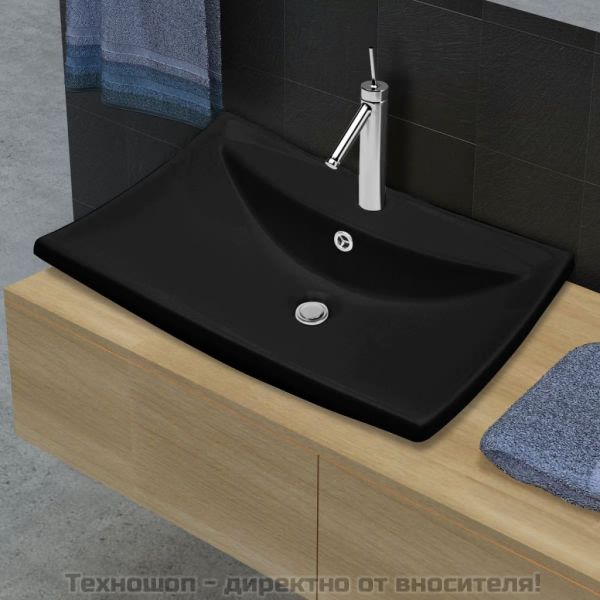 Черна керамична мивка с преливник и отвор за смесител, правоъгълна