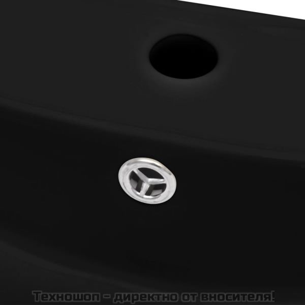 Черна керамична мивка с преливник и отвор за смесител, правоъгълна