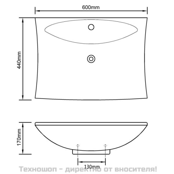 Черна керамична мивка с преливник и отвор за смесител, правоъгълна