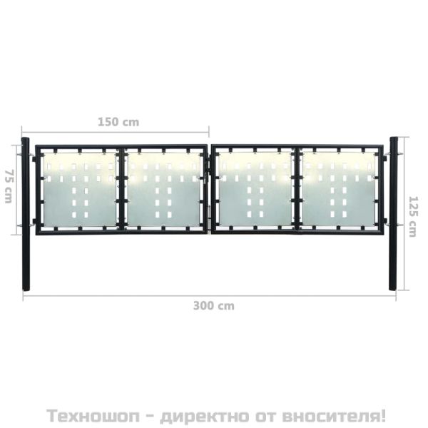 Черна оградна порта с единична врата 300x75 см