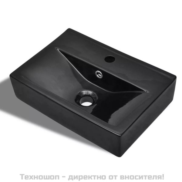 Керамична правоъгълна мивка с преливник отвор за смесител черна