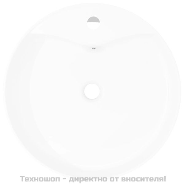 Керамична кръгла мивка с корито, преливник и отвор за смесител, бяла