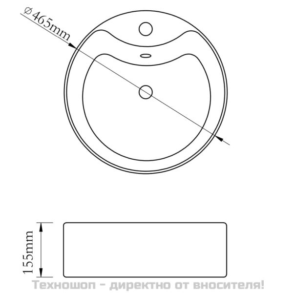 Керамична кръгла мивка с корито, преливник и отвор за смесител, бяла