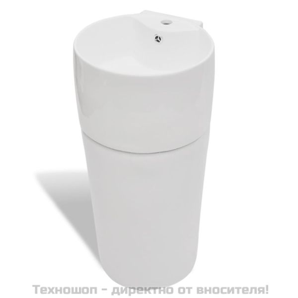 Керамична мивка на стойка, преливник, отвор за смесител, бяла, кръгла