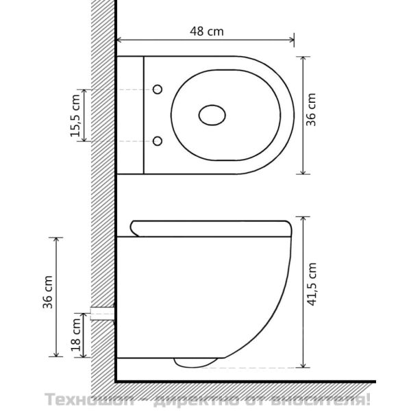 Окачена тоалетна чиния без ръб, керамична, бяла