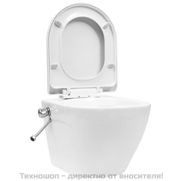 Окачена тоалетна чиния без ръб с функция биде, керамична, бяла