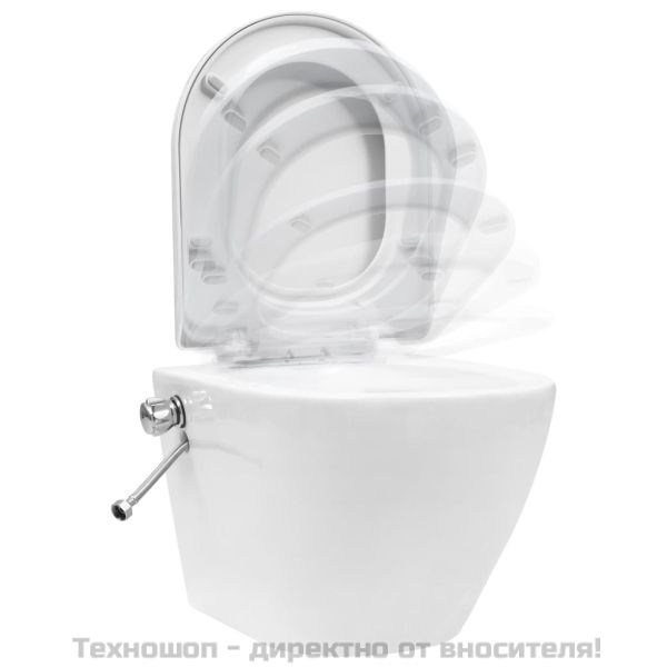 Окачена тоалетна чиния без ръб с функция биде, керамична, бяла