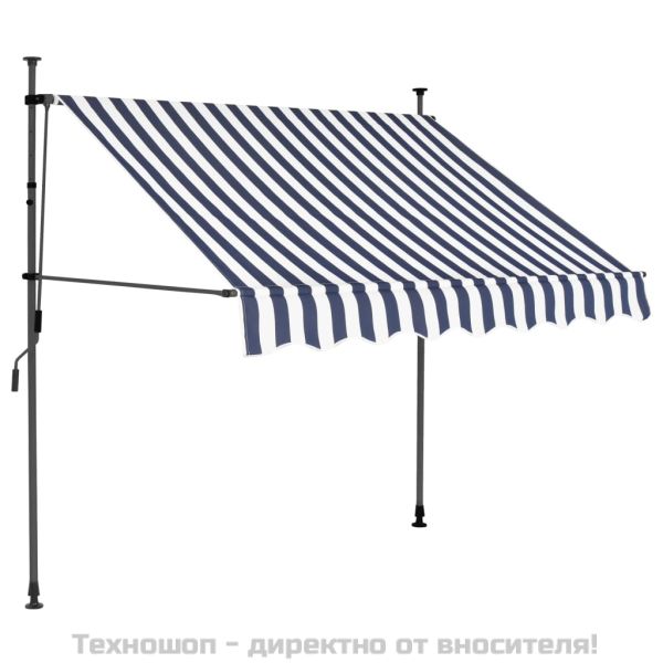 Ръчно прибиращ се сенник с LED, 150 см, синьо и бяло