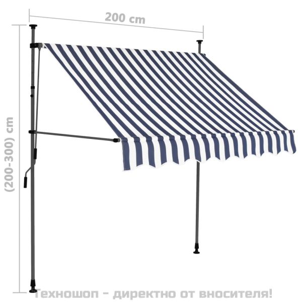 Ръчно прибиращ се сенник с LED, 200 см, синьо и бяло