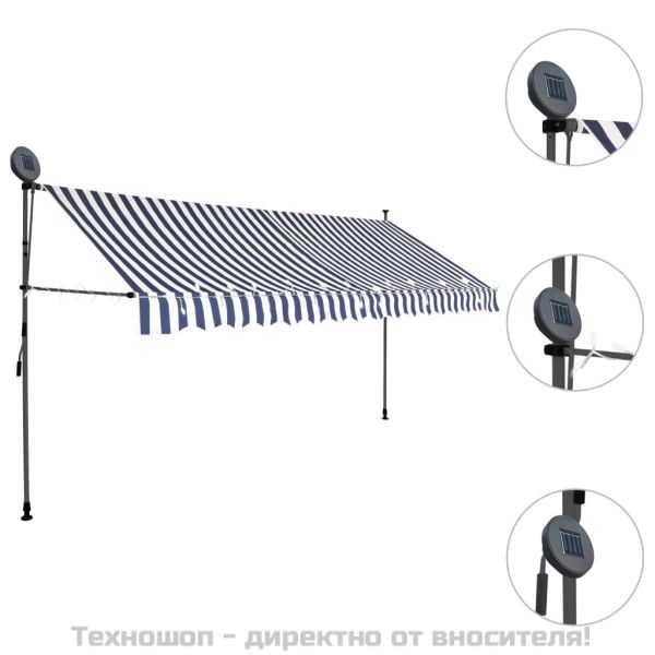 Ръчно прибиращ се сенник с LED, 350 см, синьо и бяло